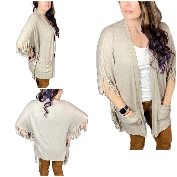 All @ Once light brown fringe pocket batwing knit cardigan. Size medium - Picture 1 of 10